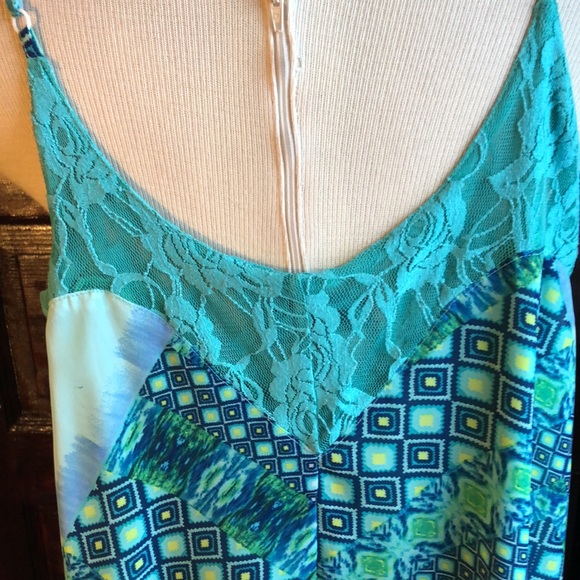 GlamDoll sz Med. Tent sundress teal, blue, green, and yellow/lace panels/lined - Picture 8 of 13